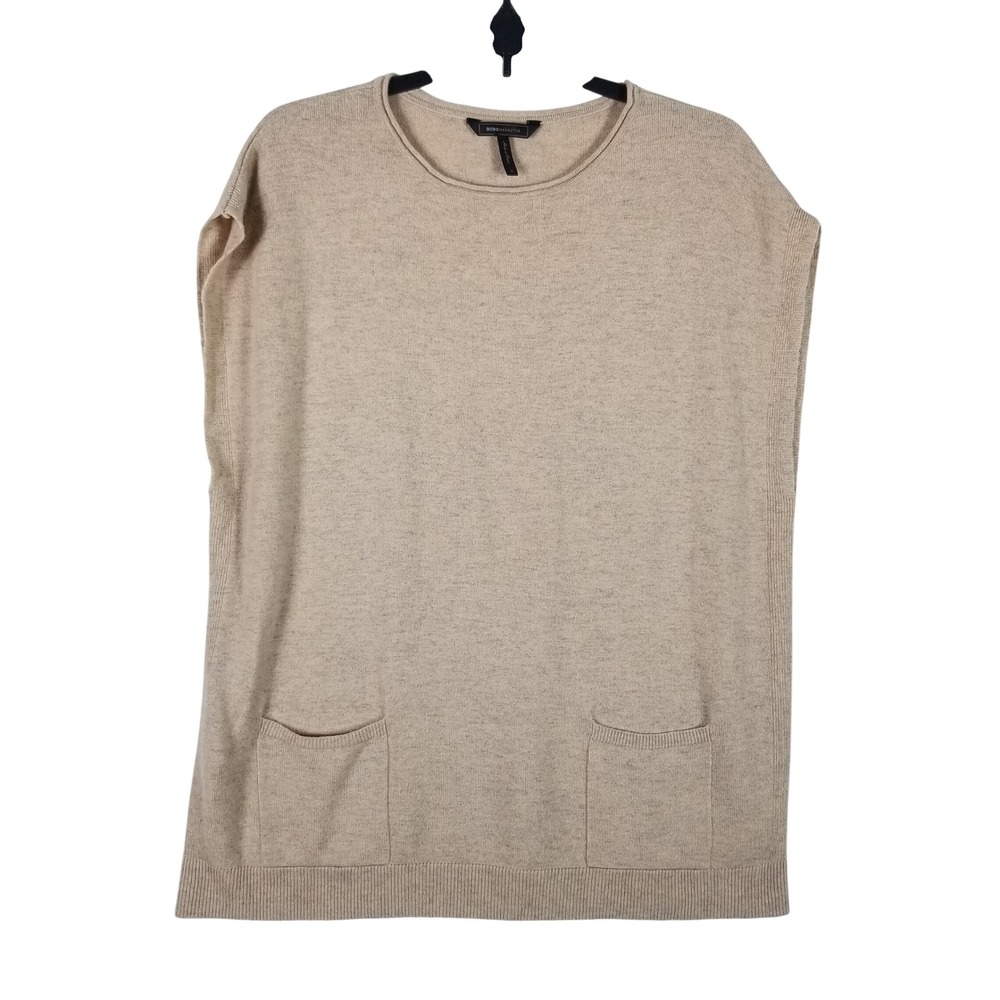 BCBGMAXAZRIA Sweater Vest Women Medium Camel Lambswool Cap Sleeve Pockets
